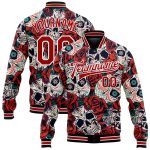 Custom Personalized 3D Skull Flower Bomber Varsity Jacket - Black Red-White Full-Snap with Team Name & Number Personalized