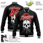 Personalized Skull Flower 3D Bomber Varsity Jacket in Black Red-White - Full-Snap Letterman Jacket Personalized Black Red-White