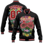 Custom Skull Flowers 3D Bomber Varsity Jacket with Name & Number - Personalized Black Red-White Full-Snap Letterman Jacket