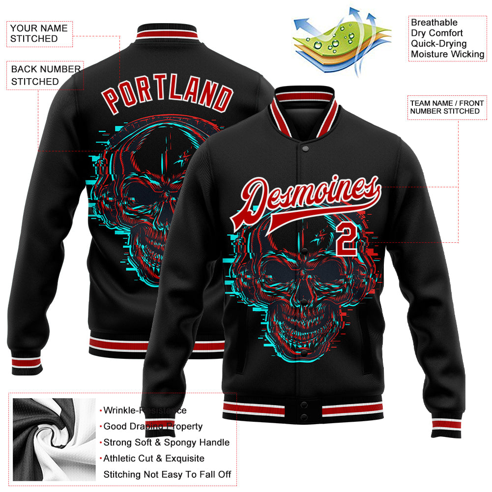 Personalized Black Red-White Skull With Headphones 3D Bomber Full-Snap Varsity Letterman Jacket Team Custom Name and Number Custom Skull Headphones 3D Bomber Jacket with Name and Number - Black Red-White Varsity Full-Snap Team Jacket Personalized - Image 3
