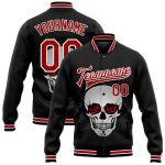 Custom Name Number 3D Skull Roses Varsity Letterman Jacket Black Red White Full-Snap Bomber Personalized Black Red-White