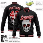 Custom Name Number 3D Skull Roses Varsity Letterman Jacket Black Red White Full-Snap Bomber Personalized Black Red-White