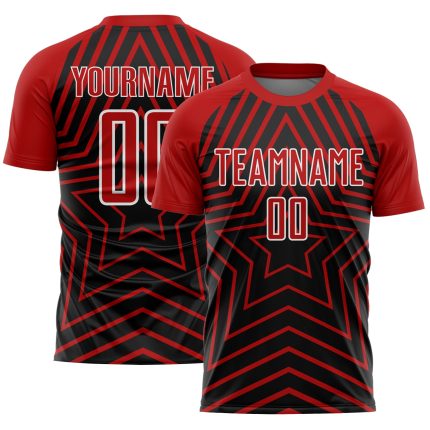 Personalized Sublimation Soccer Jersey - Black Red-White Stars Uniform Personalized Black Red-White Stars Sublimation Soccer