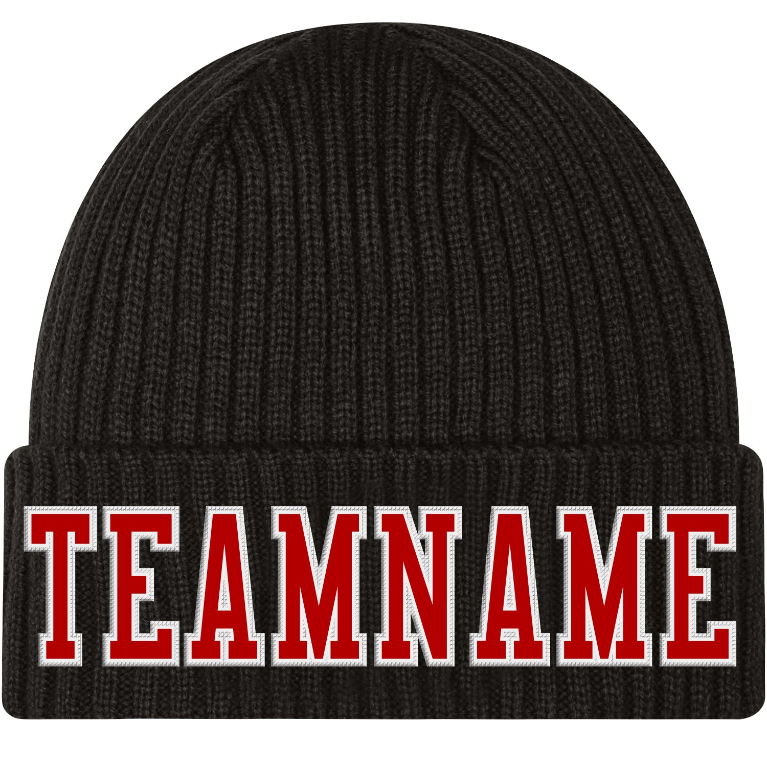 Custom Name and Number Black Red-White Cuffed Knit Hat - Personalized Team Beanie Personalized Black Red-White Stitched Cuffed