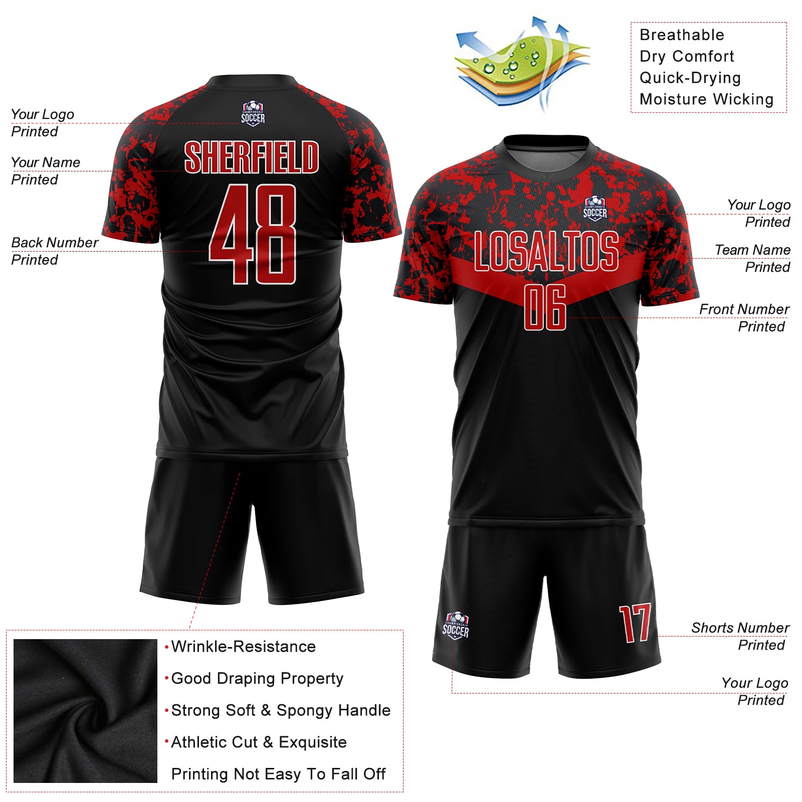 Personalized Black Red-White Soccer Jersey Uniform for Kids and Adults - Custom Sublimation Design Personalized Black Red-White - Image 3
