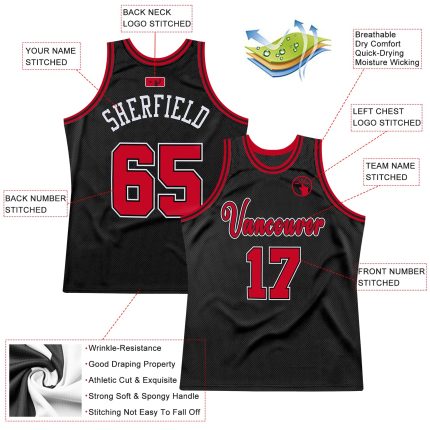 Personalized Basketball Jersey - Black Red White Throwback Style 2 Personalized Black Red-White Throwback Basketball Jersey