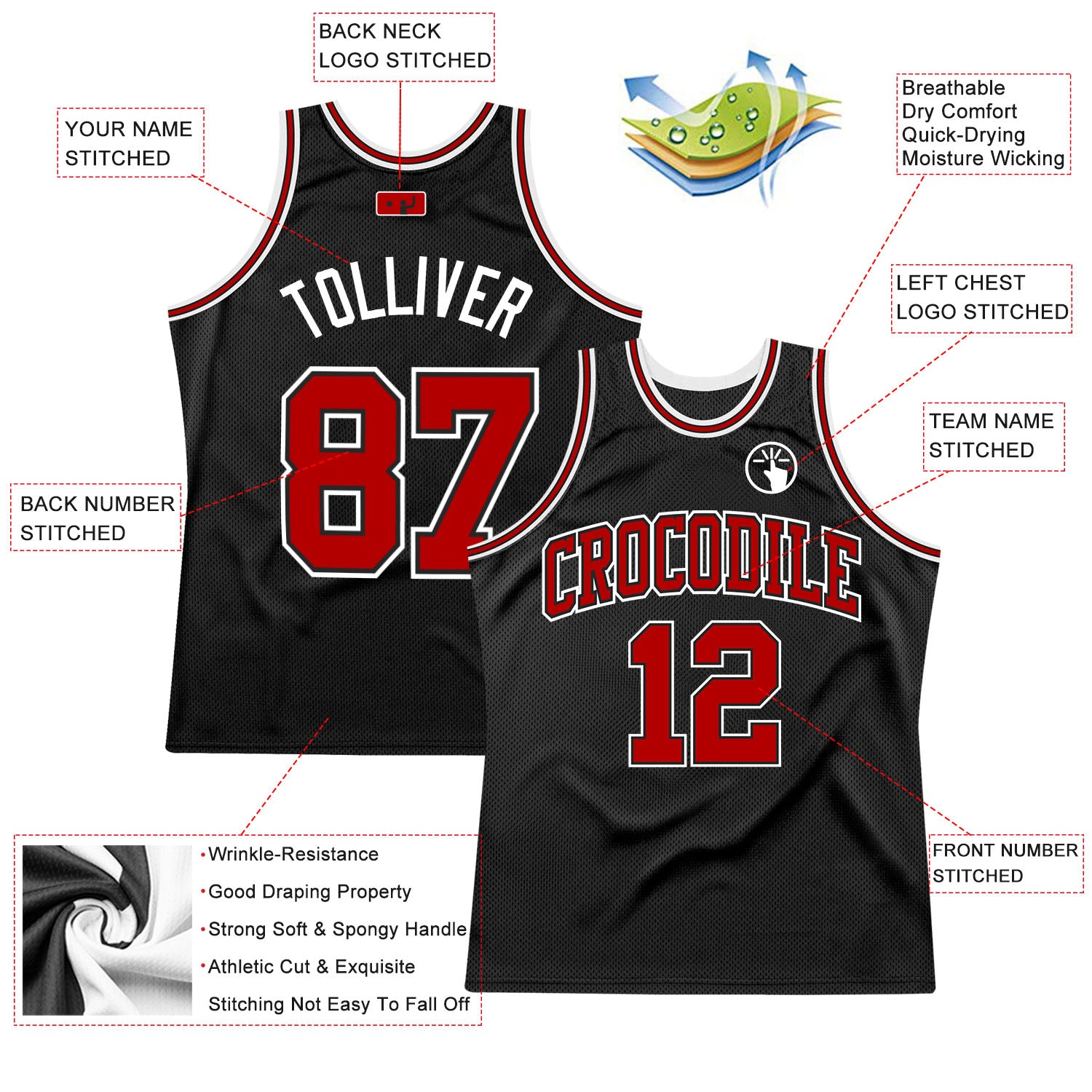 Personalized Black Red White Basketball Jersey for Youth 6 - Throwback Style Personalized Black Red-White Throwback Basketball - Image 2