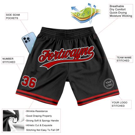 Personalized Throwback Basketball Shorts Black Red-White 3 Sizes Available Personalized Black Red-White Throwback Basketball