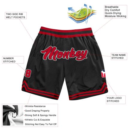 Custom Personalized Throwback Basketball Shorts in Black Red White - Size 4 Personalized Black Red-White Throwback Basketball