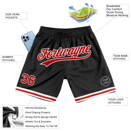 Personalized Throwback Basketball Shorts Black Red White for Men Adults Personalized Black Red-White Throwback Basketball