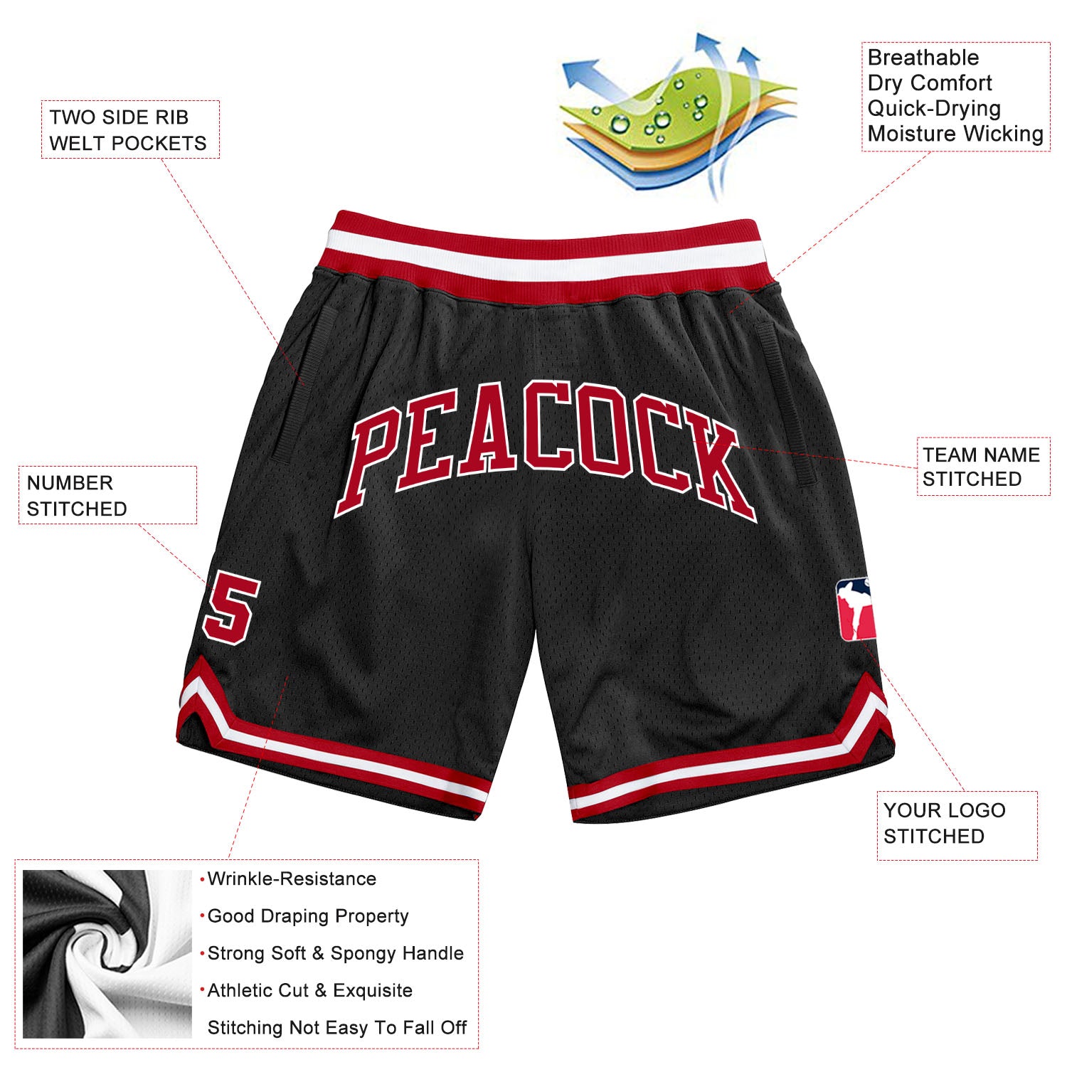 Personalized Basketball Shorts in Black Red and White - Throwback Style Personalized Black Red-White Throwback Basketball - Image 3