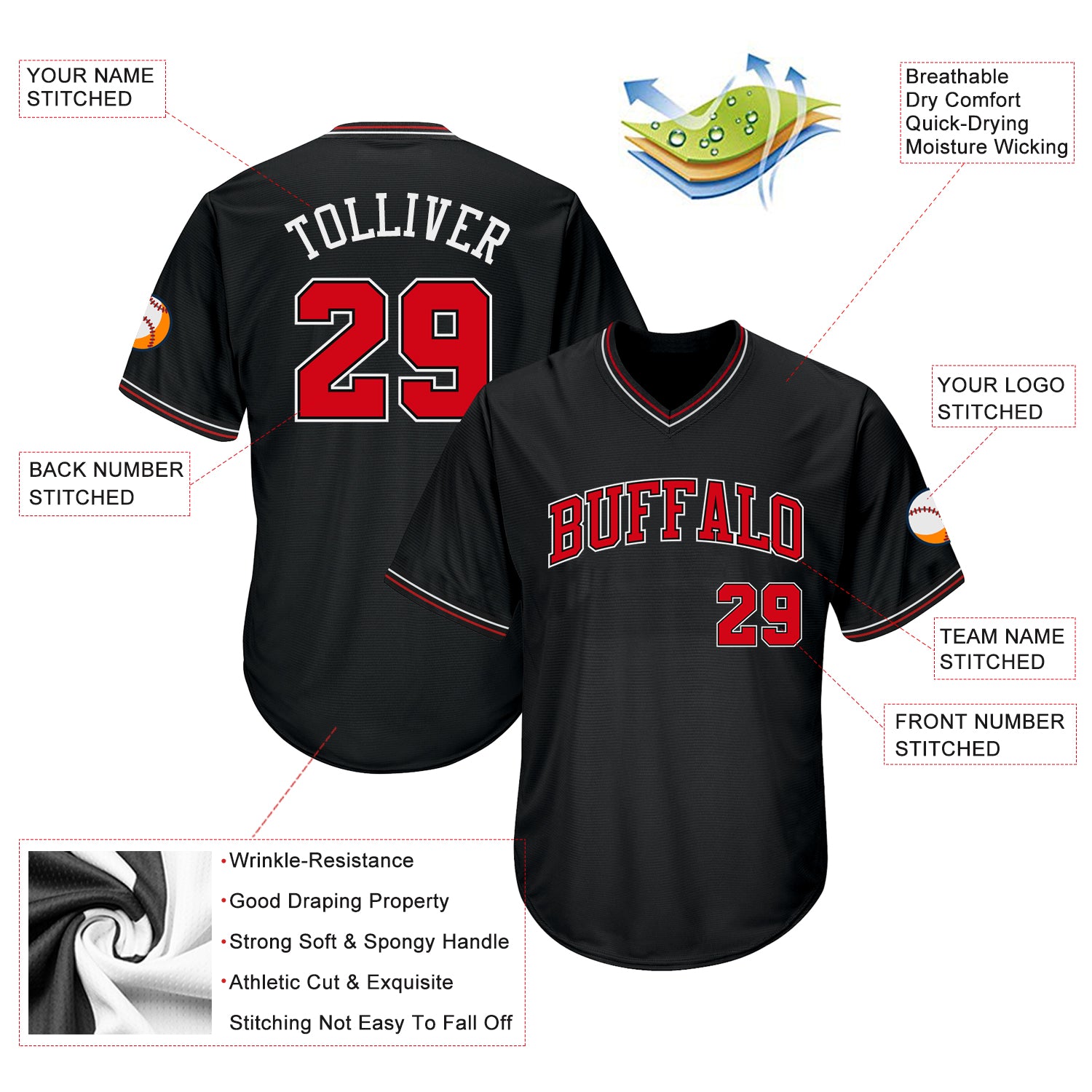 Personalized Baseball Jersey Shirt Black Red White Throwback Rib-Knit for Men and Women Personalized Black Red-White Throwback - Image 4