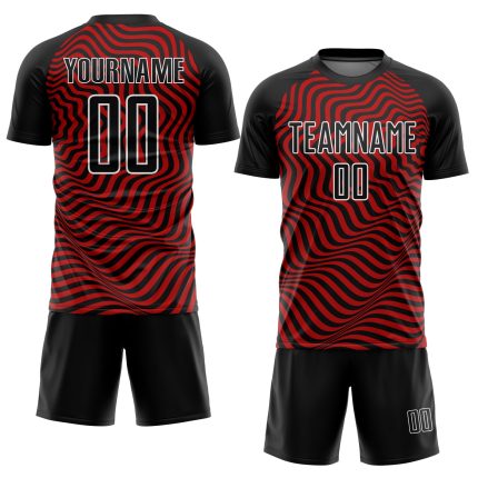 Personalized Soccer Jersey - Black Red White Wavy Lines Sublimation Uniform Personalized Black Red-White Wavy Lines Sublimation
