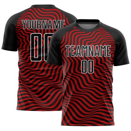 Custom Sublimation Soccer Jersey with Personalized Name and Number - Black Red-White Wavy Lines Design Personalized Black