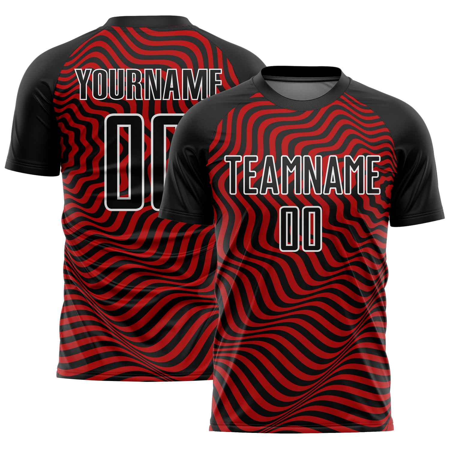 Custom Sublimation Soccer Jersey with Personalized Name and Number - Black Red-White Wavy Lines Design Personalized Black