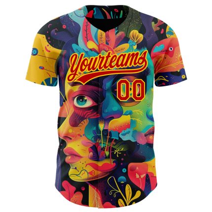 Personalized 3D Abstract Baseball Jersey in Black Red-Yellow Colors Personalized Black Red-Yellow 3D Abstract Painting Baseball