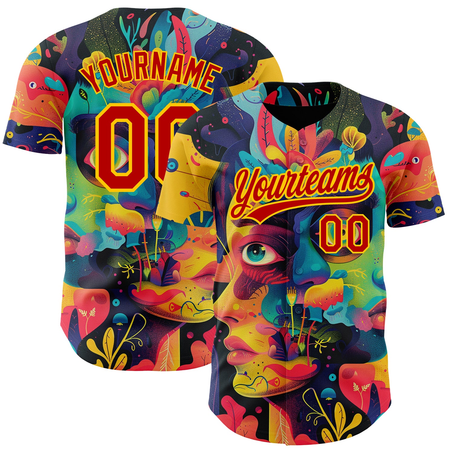 Personalized 3D Abstract Baseball Jersey in Black Red-Yellow Colors Personalized Black Red-Yellow 3D Abstract Painting Baseball