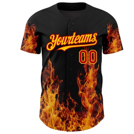 Personalized 3D Flame Baseball Jersey in Black Red-Yellow Colors Personalized Black Red-Yellow 3D Flame Baseball Jersey