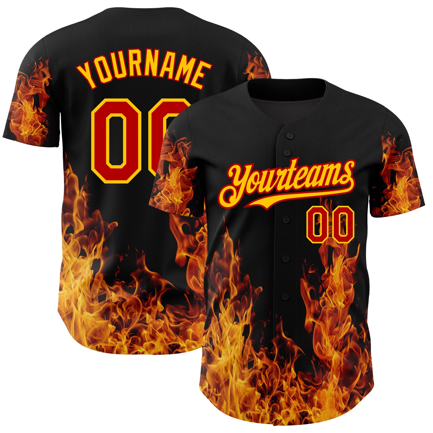 Personalized 3D Flame Baseball Jersey in Black Red-Yellow Colors Personalized Black Red-Yellow 3D Flame Baseball Jersey