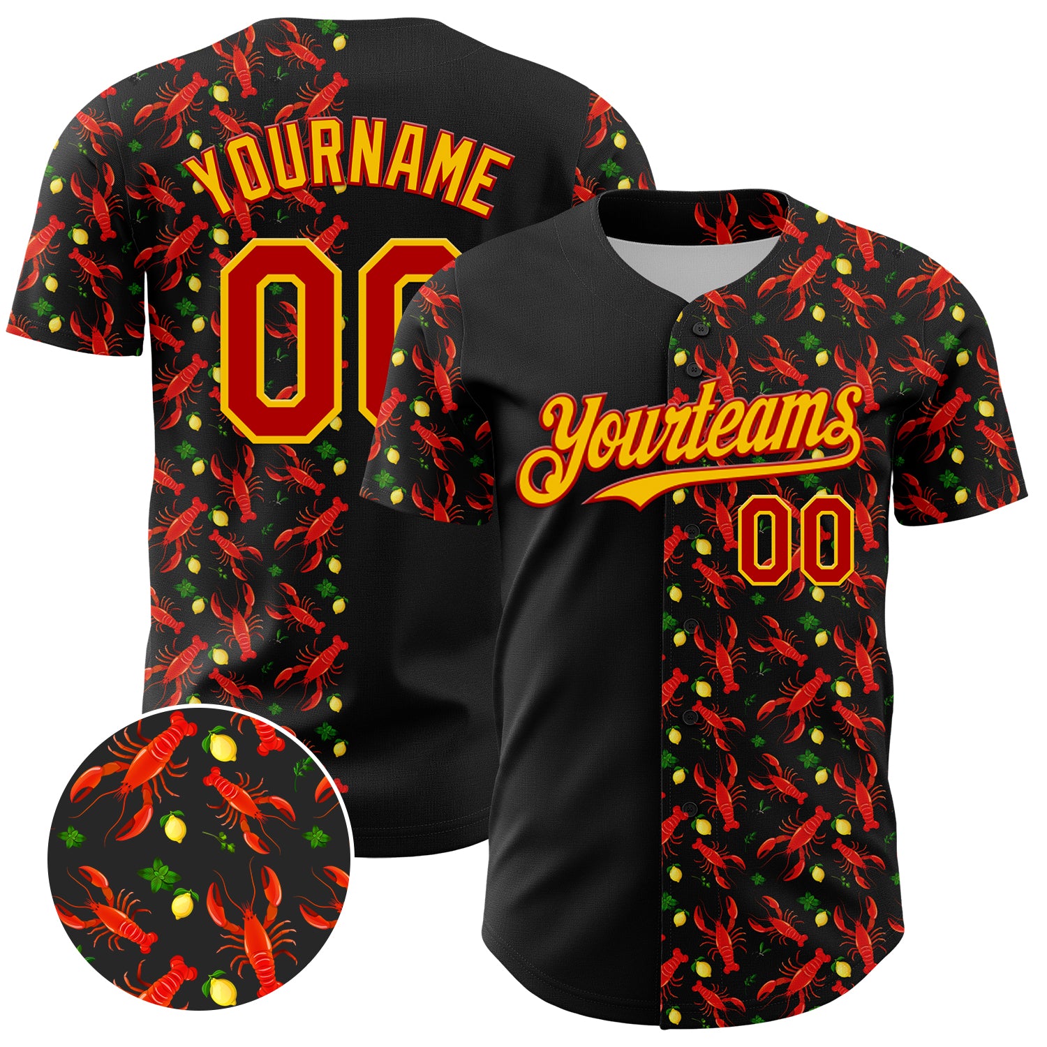 Personalized 3D Pattern Lobster Lemon Baseball Jersey in Black Red-Yellow Design Personalized Black Red-Yellow 3D Pattern