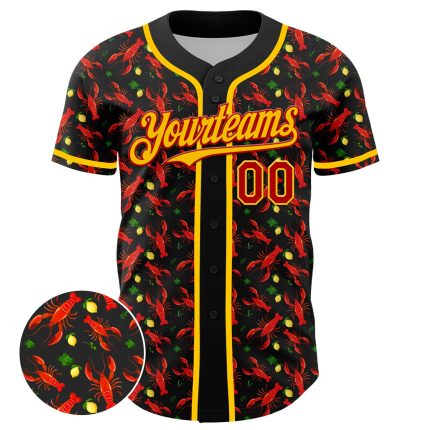 Custom Name and Number Baseball Jersey - Personalized 3D Pattern Design Lobster Fruit Lemon in Black Red-Yellow Personalized