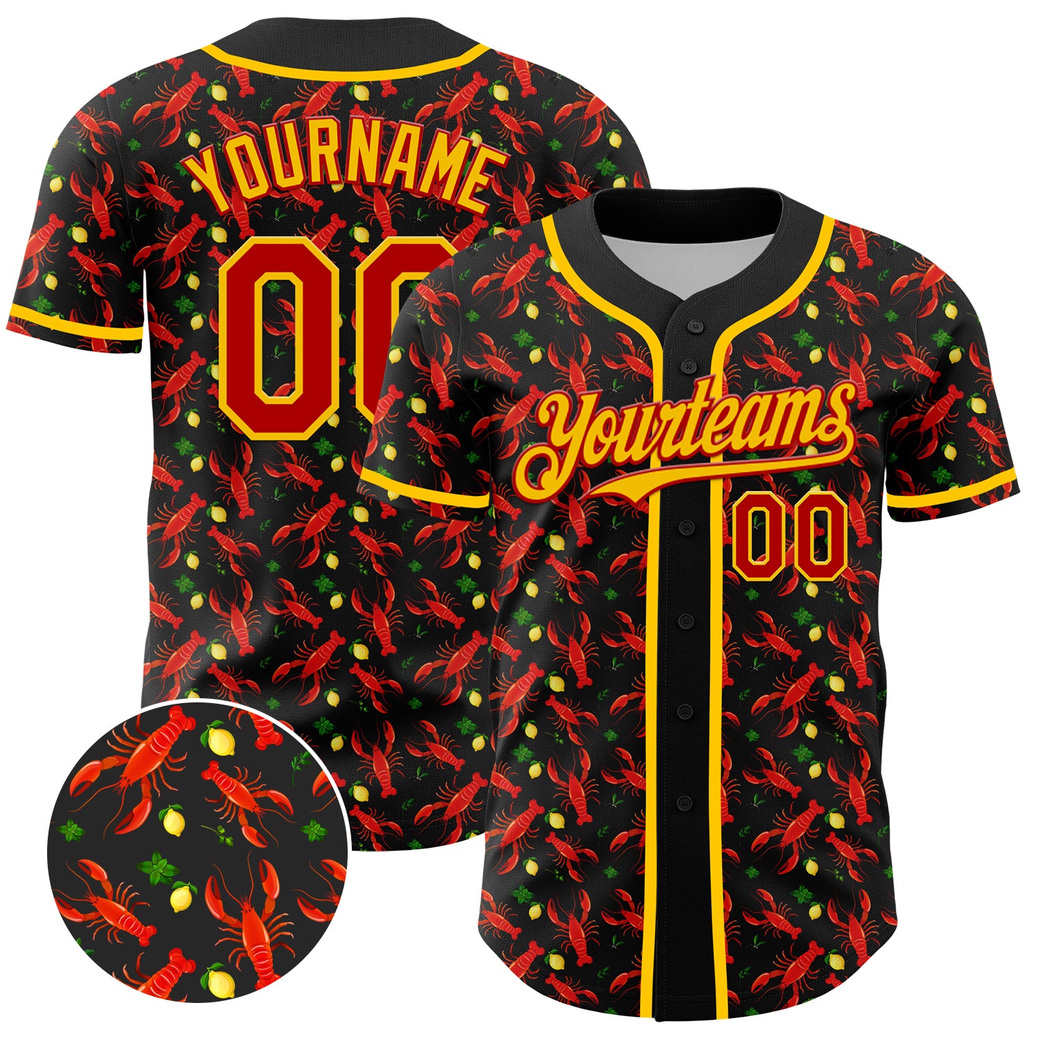 Custom Name and Number Baseball Jersey - Personalized 3D Pattern Design Lobster Fruit Lemon in Black Red-Yellow Personalized