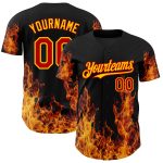 Custom Name Number Baseball Jersey - Personalized 3D Flame Design in Black Red Yellow - Authentic Team Apparel Personalized