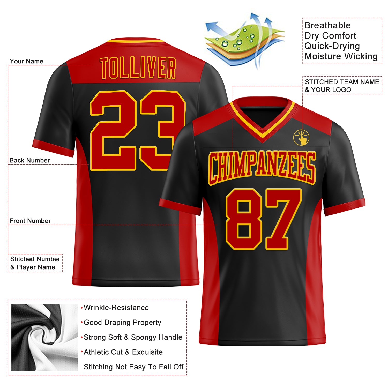 Personalized Black Red-Yellow Mesh Authentic Football Jersey Team Custom Name and Number Custom Name & Number Personalized Black Red Yellow Mesh Authentic Football Jersey Personalized Black Red-Yellow Mesh Authentic - Image 3