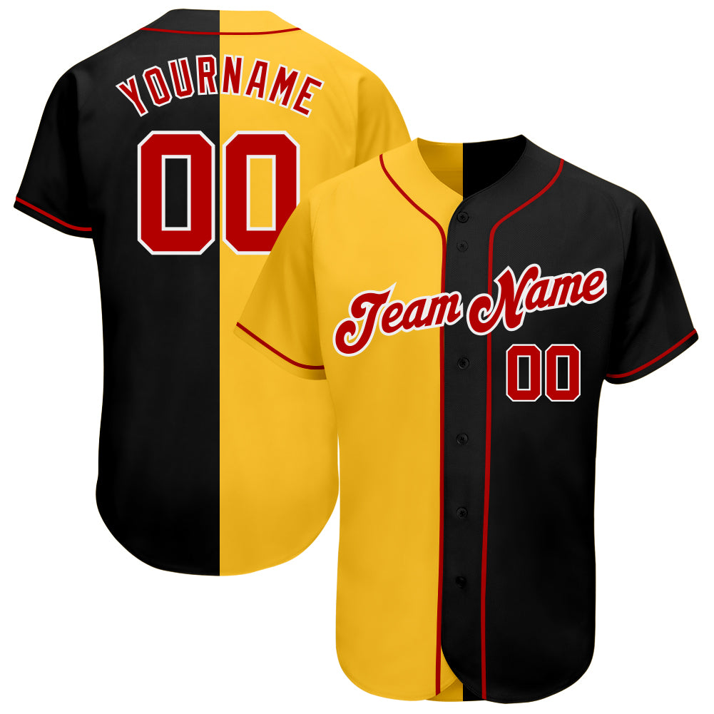 Personalized Baseball Jersey - Black Red Yellow Split Fashion Style Personalized Black Red-Yellow Split Fashion Baseball