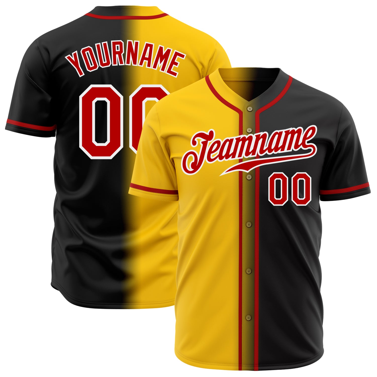 Custom Team Baseball Jersey - Personalized Gradient Design in Black, Red, and Yellow-White with Name and Number Personalized