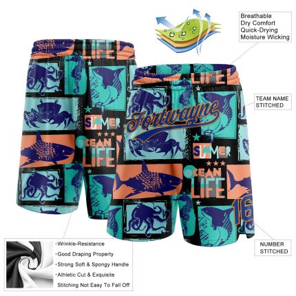 Custom Name Number Basketball Shorts Orange 3D Pattern Black Royal-Bay Summer Ocean Life Authentic Personalized Black Royal-Bay