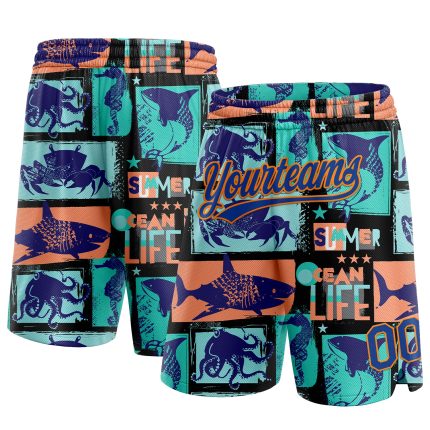 Personalized Black 3D Ocean Life Basketball Shorts in Royal-Bay Orange - Summer Style Personalized Black Royal-Bay Orange