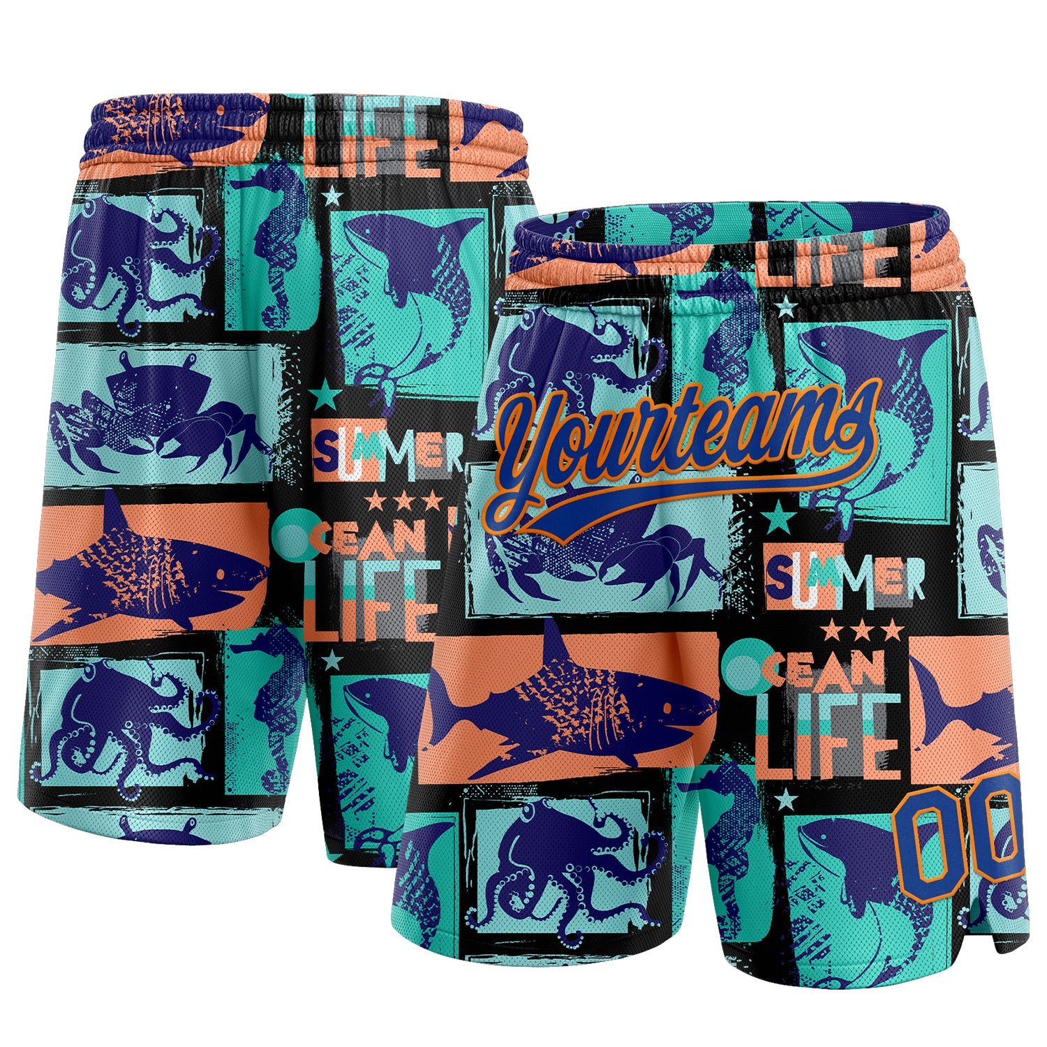 Personalized Black 3D Ocean Life Basketball Shorts in Royal-Bay Orange - Summer Style Personalized Black Royal-Bay Orange