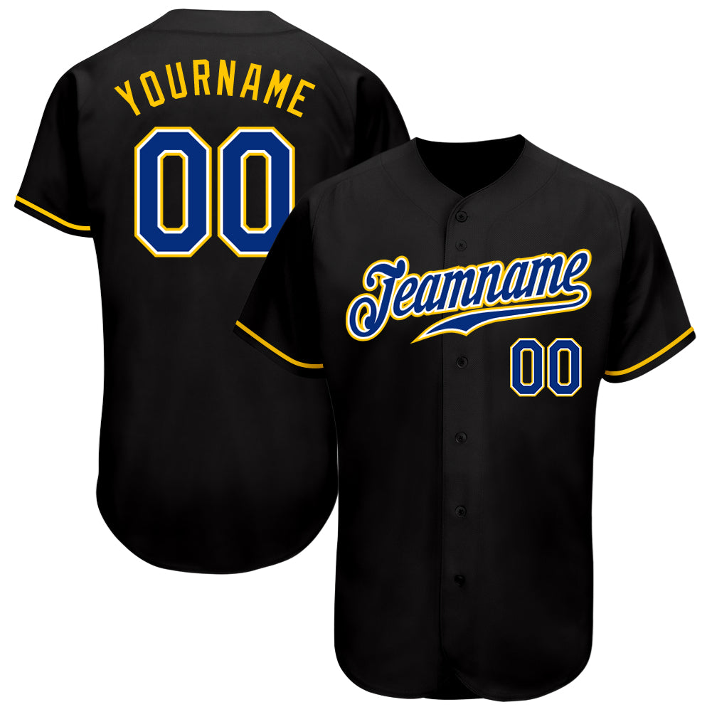 Custom Name & Number Personalized Black Royal-Gold Baseball Jersey - Authentic Team Apparel Personalized Black Royal-Gold
