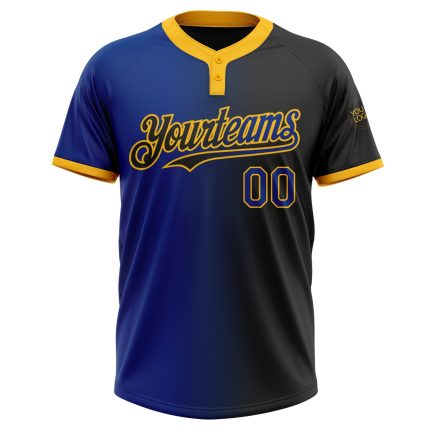 Custom Name and Number Unisex Softball Jersey in Black Royal-Gold Gradient - Personalized Two-Button Fashion Design Personalized