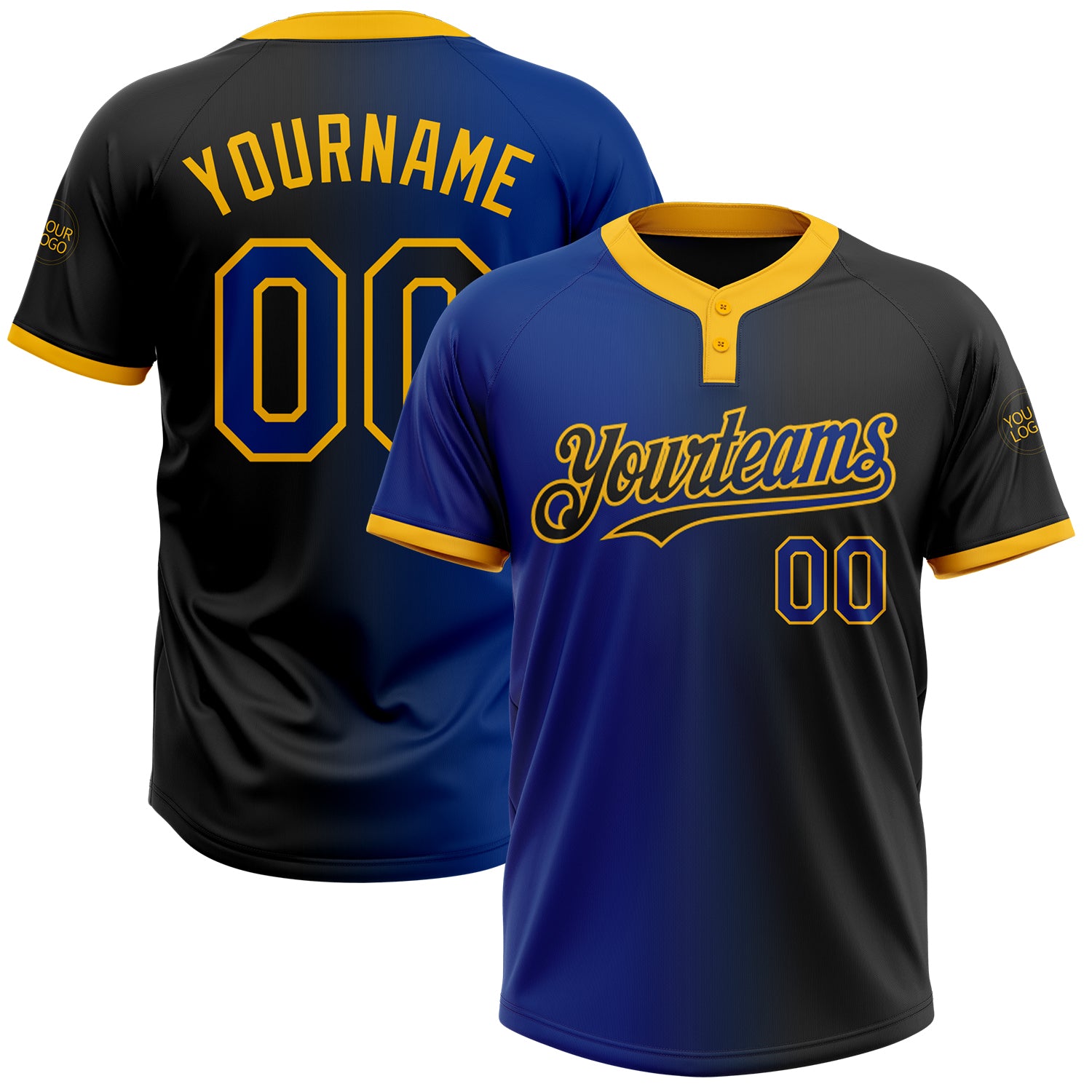 Custom Name and Number Unisex Softball Jersey in Black Royal-Gold Gradient - Personalized Two-Button Fashion Design Personalized