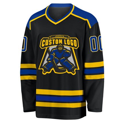 Custom Name and Number Black Royal Gold Hockey Jersey - Personalized Team Apparel Personalized Black Royal-Gold Hockey Jersey