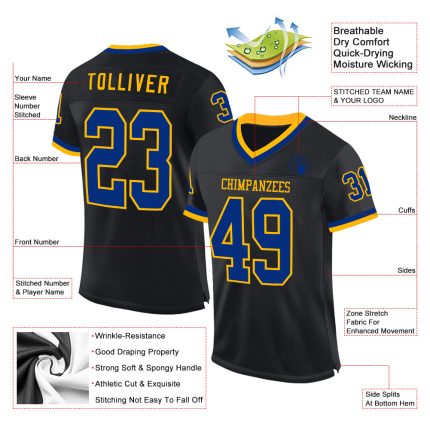 Personalized Black Royal Gold Mesh Throwback Jersey for Football Fans Personalized Black Royal-Gold Mesh Throwback Football