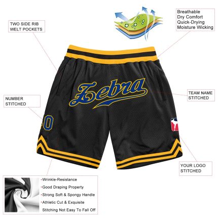 Personalized Black Royal Gold Basketball Shorts for Men - Throwback Style Personalized Black Royal-Gold Throwback Basketball