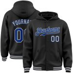 Custom Name and Number Bomber Hoodie Jacket - Personalized Black Royal-Gray Varsity Letterman Style Personalized Black Royal-Gray