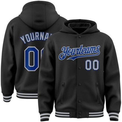 Custom Name and Number Bomber Hoodie Jacket - Personalized Black Royal-Gray Varsity Letterman Style Personalized Black Royal-Gray