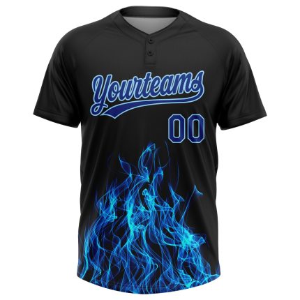 Black 3D Flame Softball Jersey - Personalized Unisex Two-Button in Royal-Light Blue Personalized Black Royal-Light Blue 3D