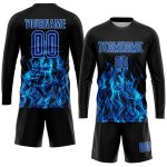 Custom Name & Number Personalized Black Royal Flame Soccer Jersey Uniform Personalized Black Royal-Light Blue Flame Sublimation