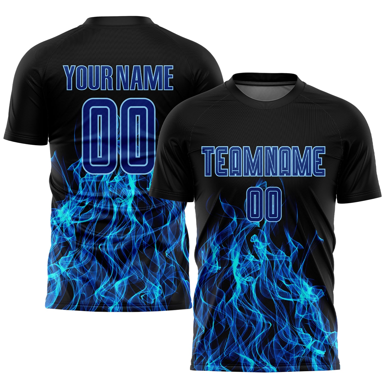 Custom Name & Number Personalized Black Royal Flame Soccer Jersey Uniform Personalized Black Royal-Light Blue Flame Sublimation
