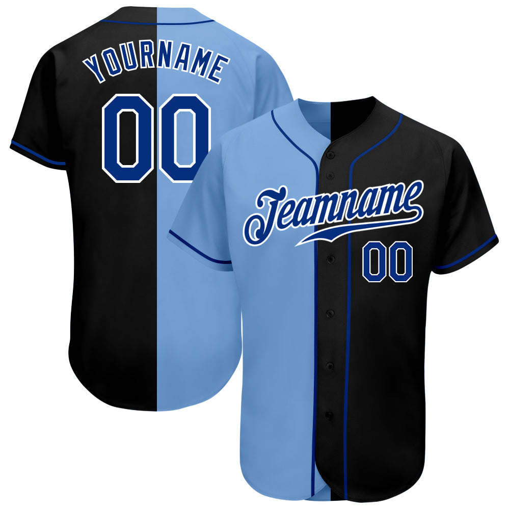 Personalized Black Light Blue Split Fashion Baseball Jersey for Men and Women Personalized Black Royal-Light Blue Split Fashion