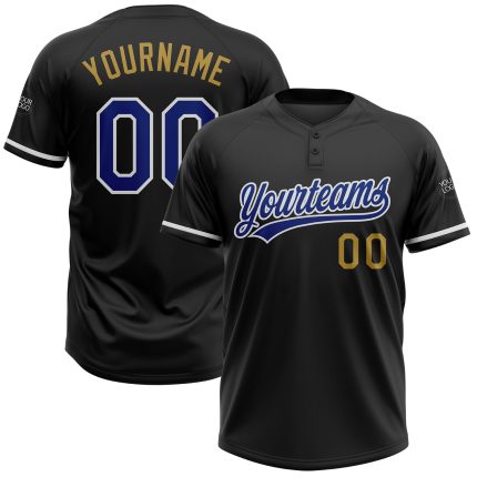 Personalized Unisex Softball Jersey - Black Royal and Old Gold Two-Button Design Personalized Black Royal-Old Gold Two-Button