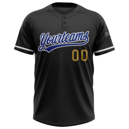 Personalized Unisex Softball Jersey - Black Royal and Old Gold Two-Button Design Personalized Black Royal-Old Gold Two-Button