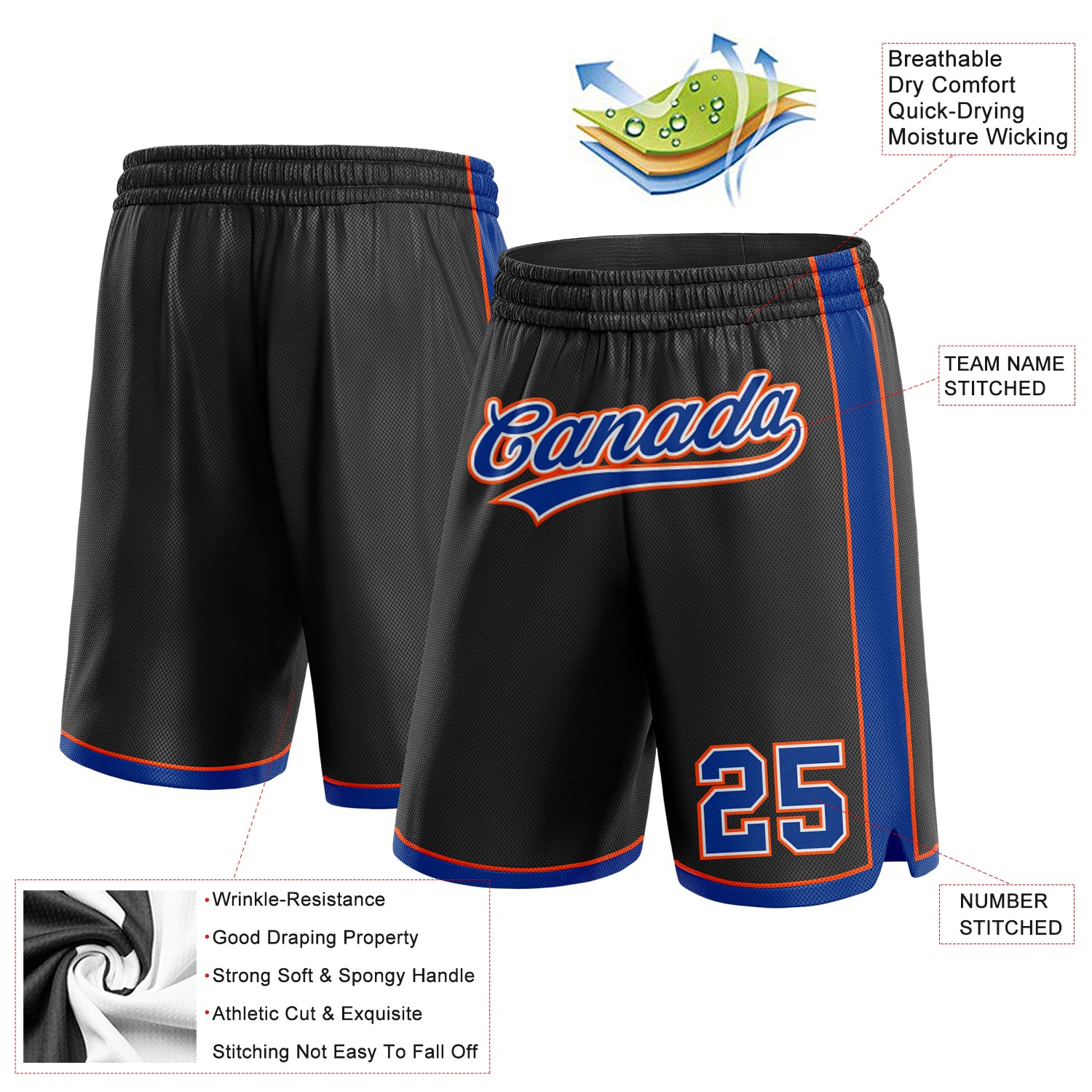 Personalized Black Royal-Orange Authentic Basketball Shorts Team Custom Name and Number Custom Team Name and Number Basketball Shorts - Personalized Black and Royal-Orange Authentic Design Personalized Black Royal-Orange - Image 2