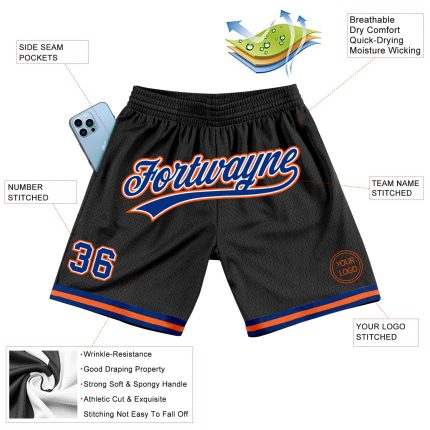 Custom Black Royal-Orange Basketball Shorts - Authentic Throwback Design Personalized Black Royal-Orange Authentic Throwback