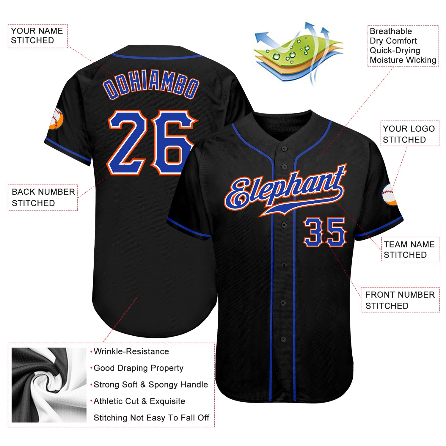 Personalized Black Royal-Orange Baseball Jersey Custom Black Royal-Orange Baseball Jersey - Personalized Sports Apparel Personalized Black Royal-Orange Baseball Jersey - Image 3
